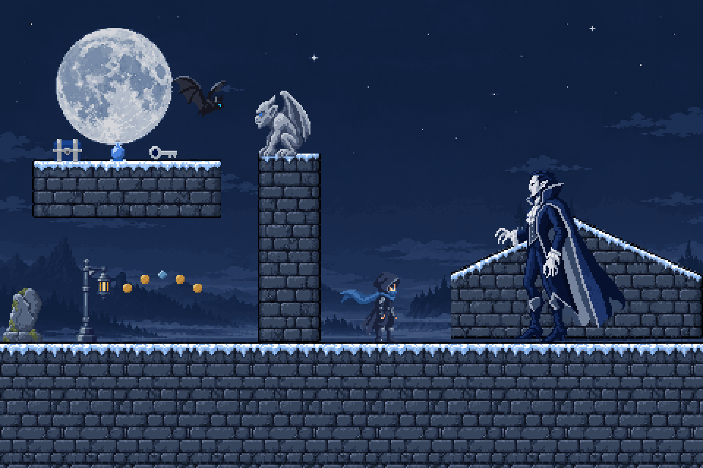 A moonlit castle level built from one AI generated set: a hooded hero, a bat, a gargoyle, pickups, a lantern, a gravestone and a vampire boss on snowy stone walls