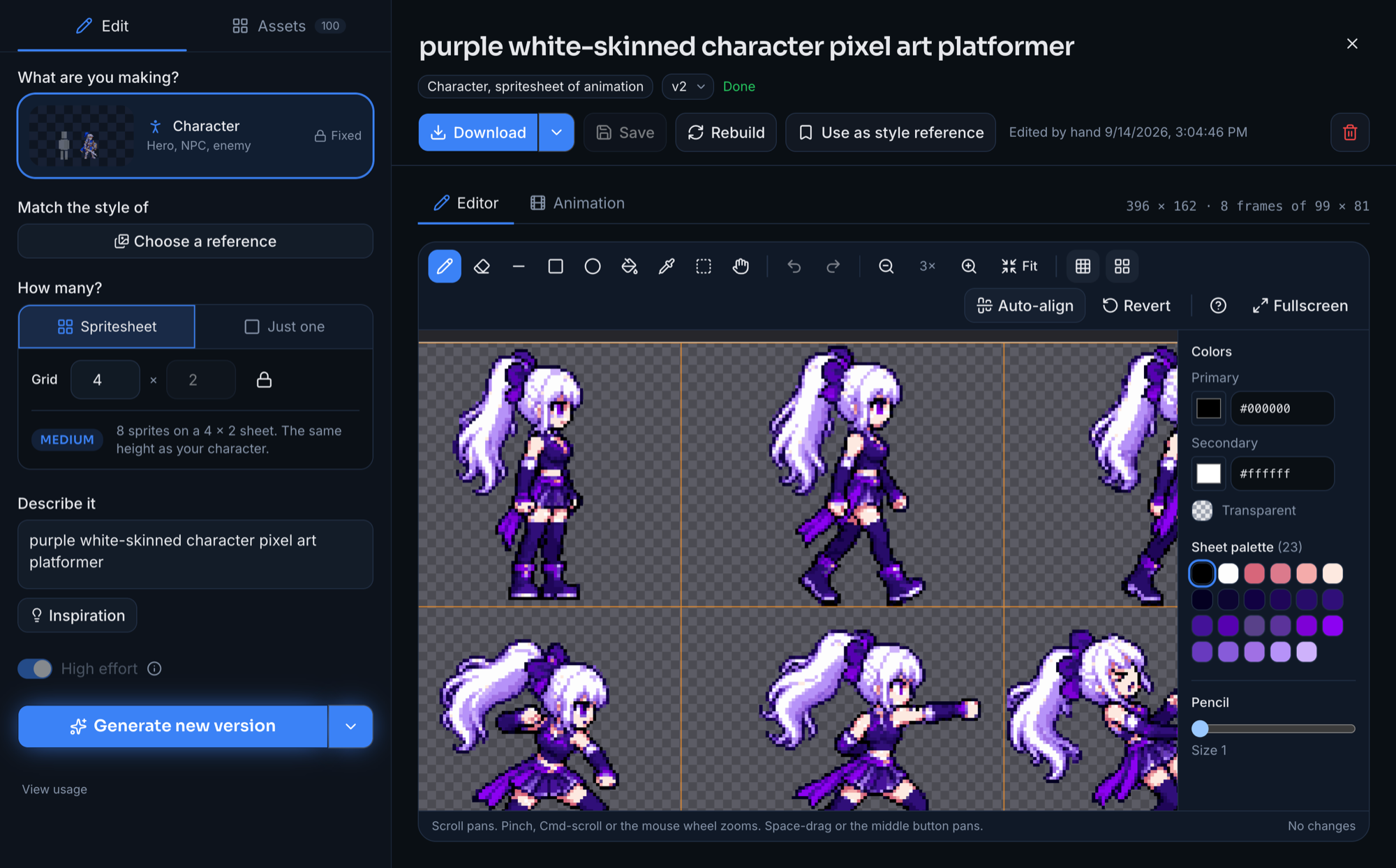The pixelart.dev AI pixel art generator workspace