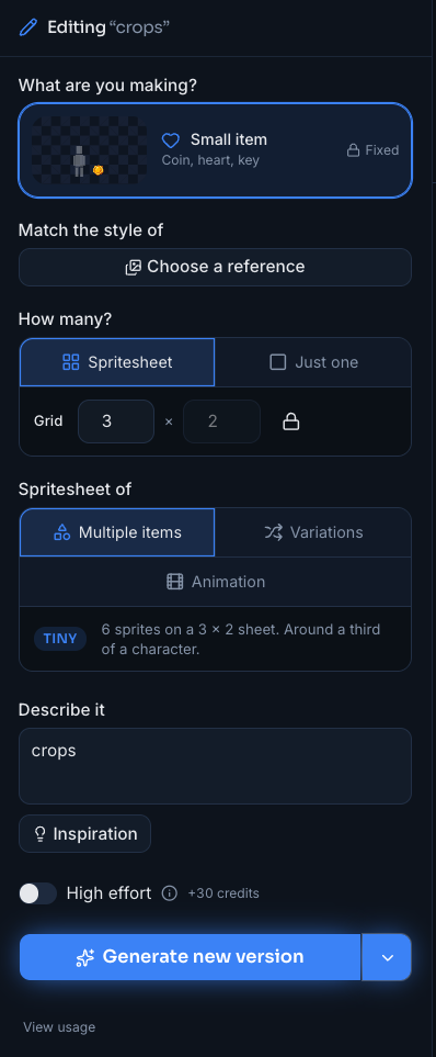 The create panel: asset type, style reference, layout, description and the generate button