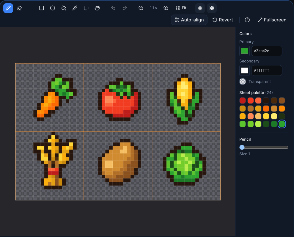 The pixel editor with an item sheet open