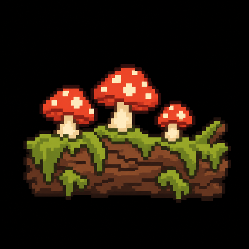 The raw model output: a 512 by 512 painting of mushrooms on a mossy log, with soft edges and a painted black background