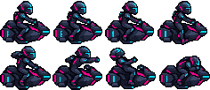 Eight animation frames of a rider on a motorbike, in a four by two grid