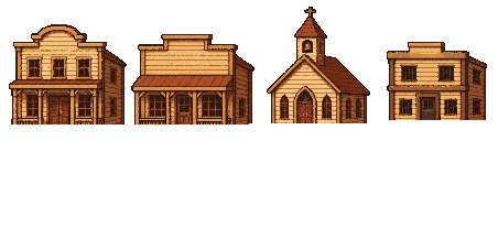 A sheet of four wooden western town buildings, including a chapel